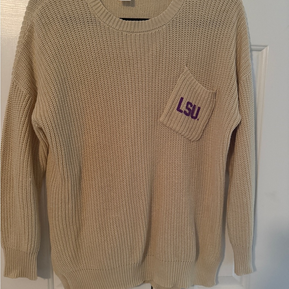 Venley LSU Beige Knit Sweater Women’s Medium Embroidered Pocket Logo Game Day